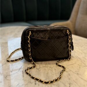 CHANEL Quilted Black Lambskin Leather Camera Bag with Gold Chain